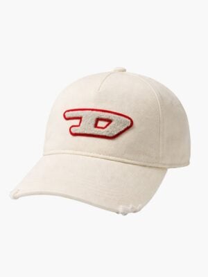 כובע מצחייה Diesel בצבע קרם עם לוגו D אדום וגימורים פרומים במצחייה