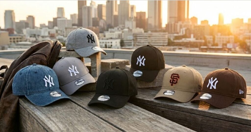 קולקציית כובעי New Era חדשה ב-STOR75, מוצגת על גג מול שקיעה אורבנית. בתמונה כובעי מצחייה NY בגווני ג'ינס, אפור, שחור-על-שחור (Black on Black), וחום, לצד כובע SF חאקי. הכובעים מונחים על משטח עץ לצד מעיל עור ותיק גב.