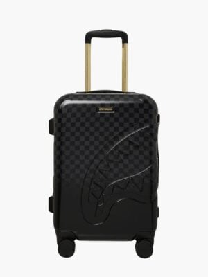 מזוודת טרולי שחורה עם דוגמת משבצות, איור כריש מובלט, ידית טלסקופית זהובה, גלגלים כפולים ומנעול TSA מובנה של ספרייגראונד