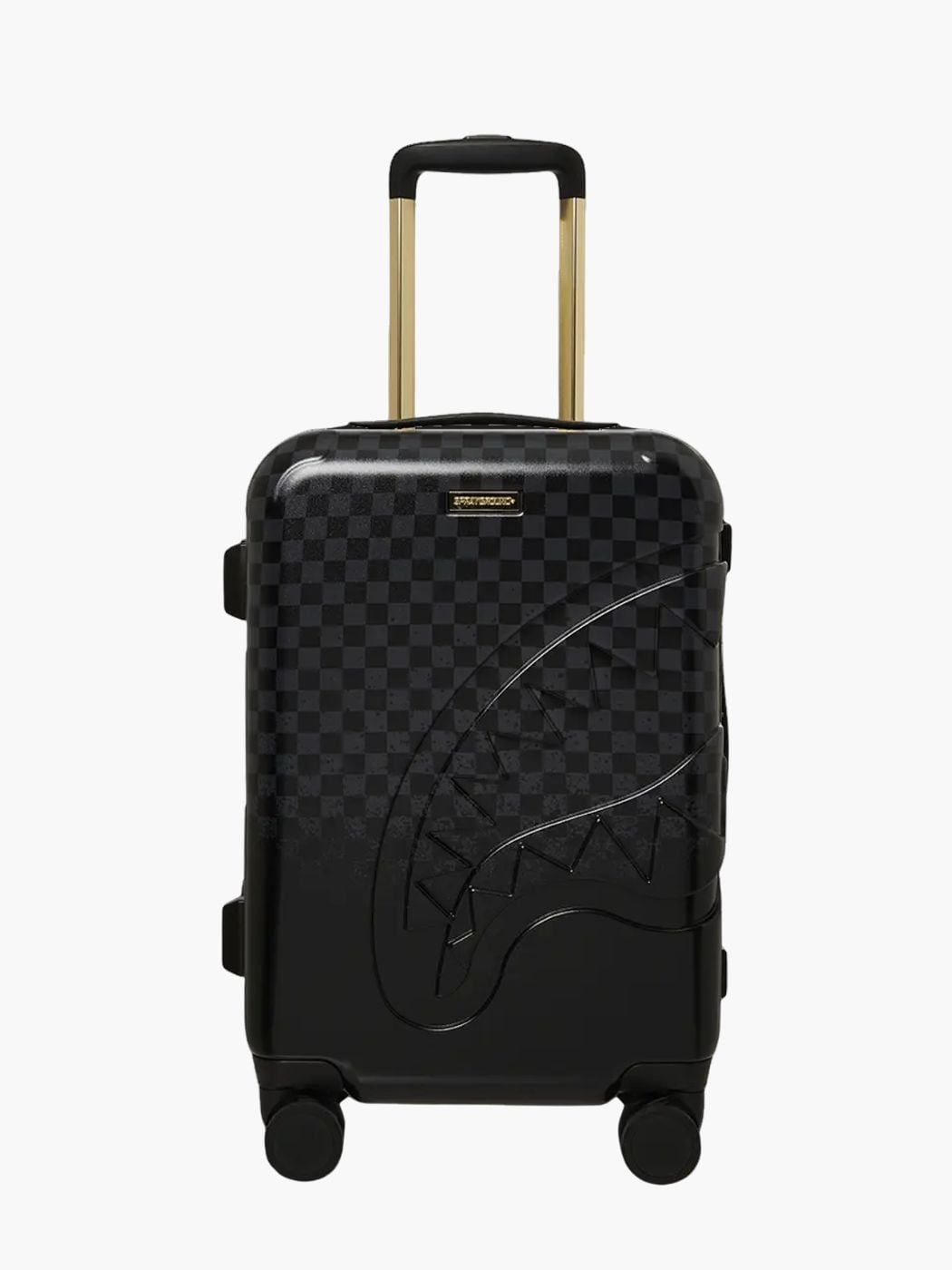 מזוודת טרולי שחורה עם דוגמת משבצות, איור כריש מובלט, ידית טלסקופית זהובה, גלגלים כפולים ומנעול TSA מובנה של ספרייגראונד