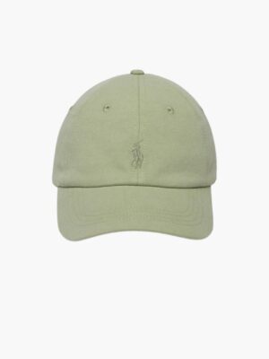 כובע בייסבול ירוק חיוור של פולו עם רקמת לוגו קדמית וסגירת רצועה אחורית מתכווננת עם אבזם מתכתי