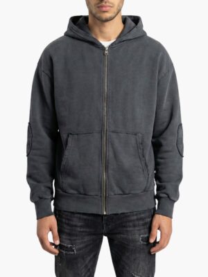 קפוצ׳ון אפור כהה של טי-בון עם קפוצ׳ון רוכסן קדמי מלא כיסים קדמיים תפורים וגימורי בד חשופים