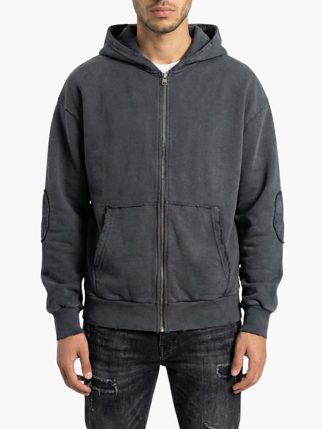 קפוצ׳ון אפור כהה של טי-בון עם קפוצ׳ון רוכסן קדמי מלא כיסים קדמיים תפורים וגימורי בד חשופים