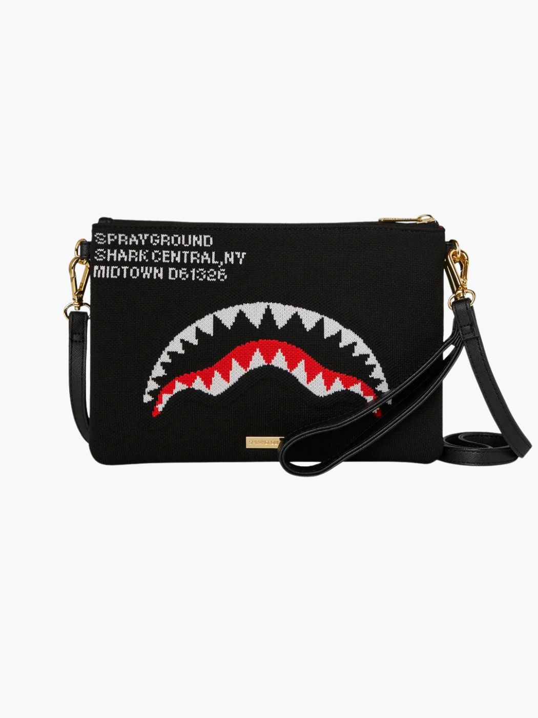 קלאץ’ שחור של ספרייגראונד עם סריג גרפי של שיני כריש בלבן ואדום רוכסן עליון בטנה אדומה ורצועת נשיאה