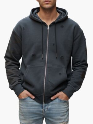 קפוצ׳ון רוכסן אפור בהיר של טי-בון עם קפוצ׳ון שרוכים כיס קנגורו קדמי וגימור שטיפה עם קרעים קטנים מפוזרים