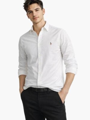 חולצת פולו ראלף לורן מכופתרת אוקספורד בצבע לבן עם לוגו הפרש הצבעוני לגבר