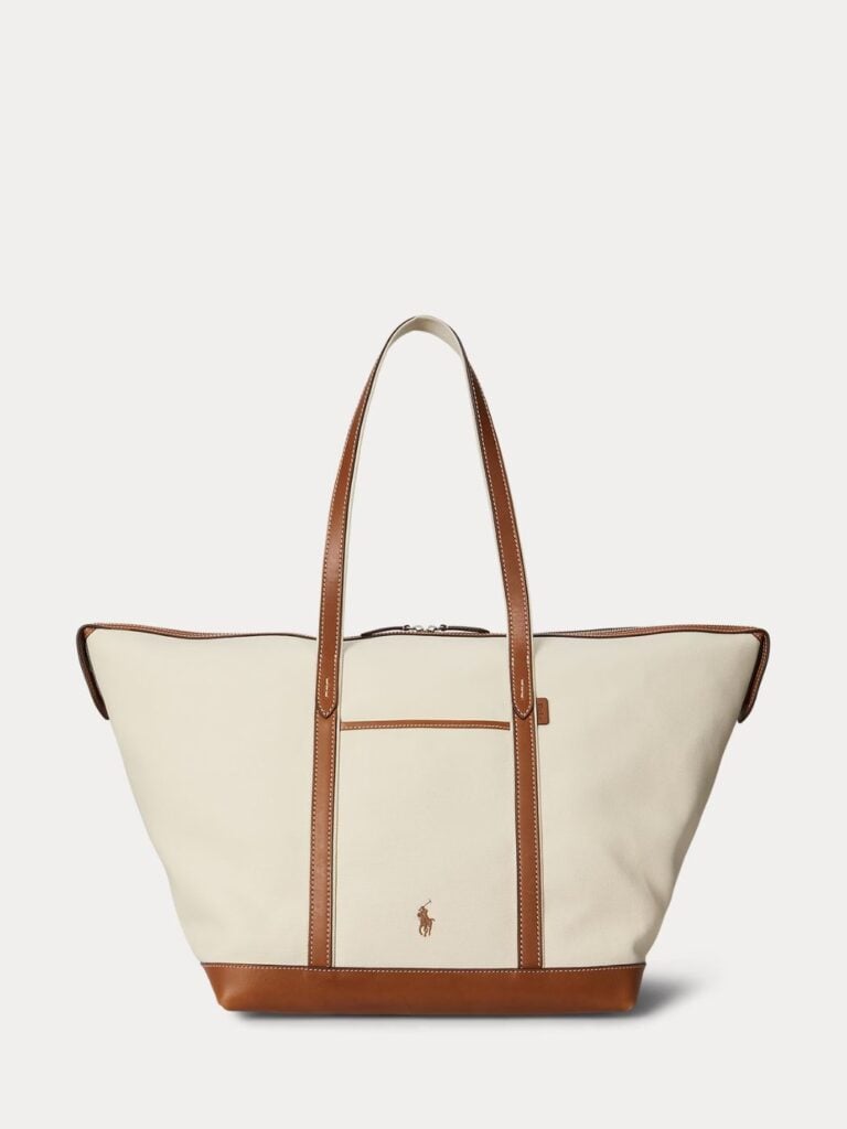 תיק קנבס פולו רלף לורן לארג' בצבע שמנת עם רצועות עור חומות ולוגו רקום