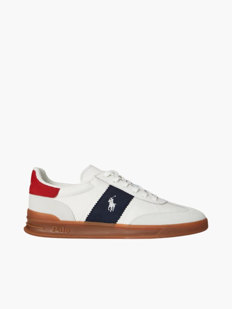 נעלי סניקרס Train 89 לגברים של Polo Ralph Lauren בשילוב צבעי לבן, שמנת, כחול ואדום עם סוליית גומי