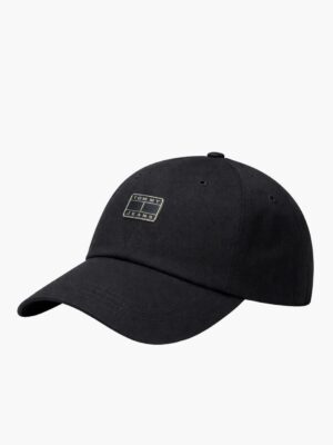 כובע מצחייה טומי ג'ינס שחור מכותנה עם לוגו מלבני ממתכת בחזית