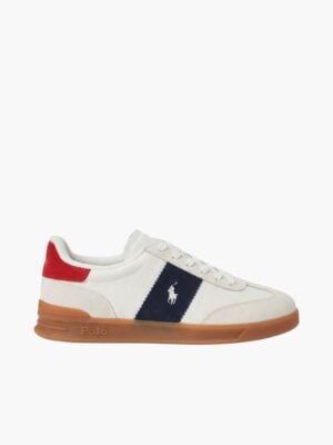 נעלי סניקרס Train 89 לגברים של Polo Ralph Lauren בשילוב צבעי לבן, שמנת, כחול ואדום עם סוליית גומי