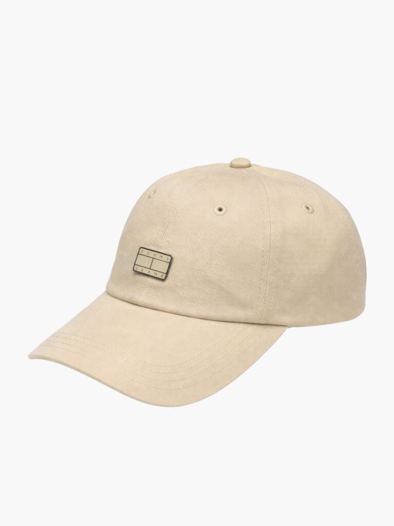 כובע מצחייה טומי ג'ינס בצבע בז' בהיר מכותנה עם לוגו מלבני ממתכת