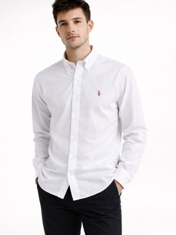 חולצה מכופתרת פולו רלף לורן לבנה לגברים בגזרת Custom Fit עם לוגו רקום