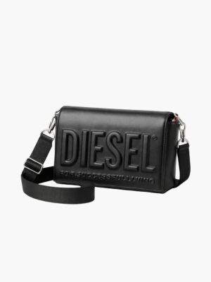 תיק צד שחור לנשים של דיזל עם לוגו מוטבע גדול ורצועה רחבה