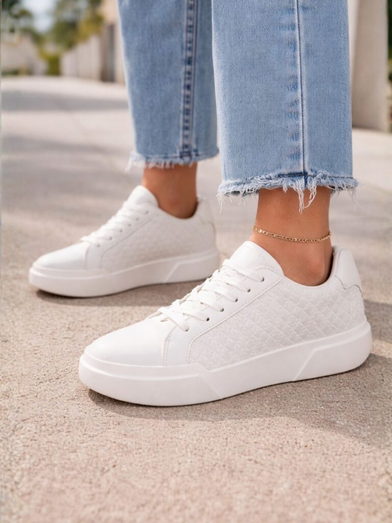 נעלי סניקרס קלווין קליין לבנות לנשים עם סוליה עבה וטקסטורה גיאומטרית בצדדים