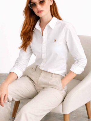 חולצת אוקספורד לבנה Polo Ralph Lauren עם לוגו רקום הצבעוני