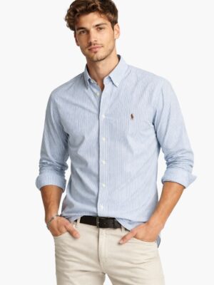 חולצה מכופתרת פולו רלף לורן פסים כחול-לבן לגברים עם לוגו רקום