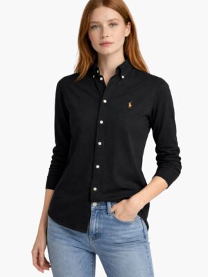 חולצה מכופתרת שחורה לנשים Polo Ralph Lauren עם כפתורים לבנים והלוגו הרקום