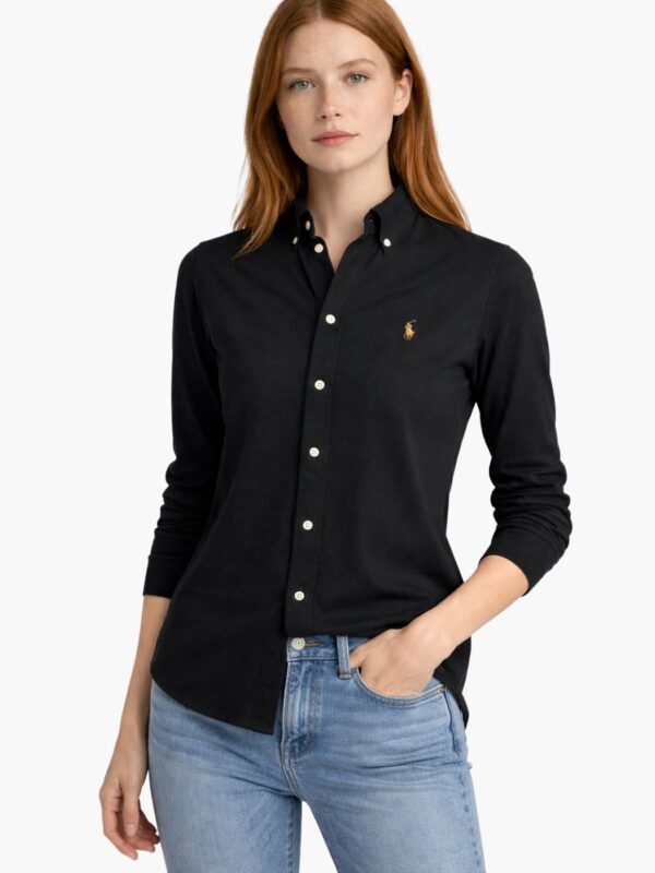 חולצה מכופתרת שחורה לנשים Polo Ralph Lauren עם כפתורים לבנים והלוגו הרקום