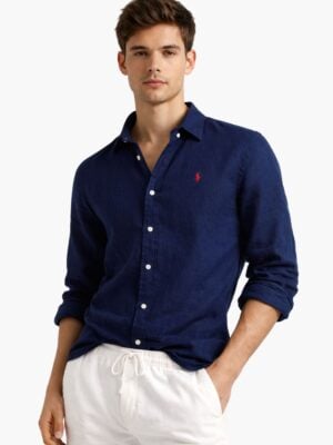 חולצת פשתן מכופתרת כחולה לגבר Polo Ralph Lauren עם לוגו פוני אדום בחזית