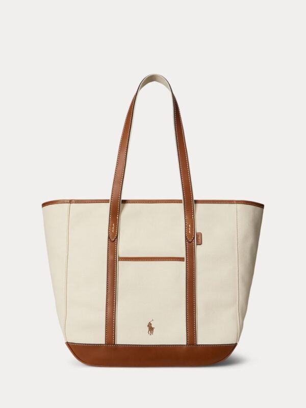 תיק קנבס פולו רלף לורן מדיום בצבע שמנת עם ידיות עור חומות ולוגו רקום