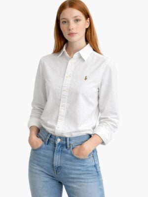 חולצת אוקספורד לבנה Polo Ralph Lauren עם לוגו רקום הצבעוני