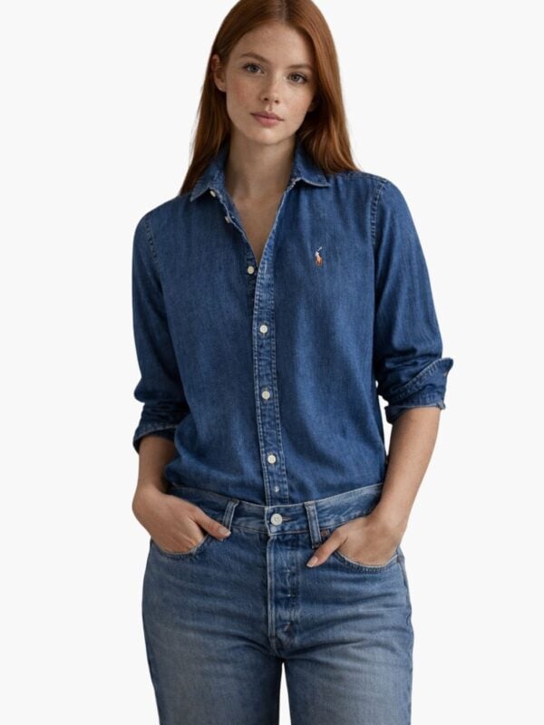 חולצת ג'ינס כהה לנשים Polo Ralph Lauren עם לוגו הפוני הרקום בצהוב