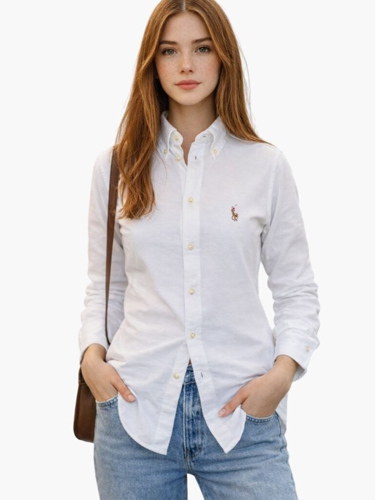 חולצה מכופתרת לבנה ראלף לורן לנשים מבד אוקספורד עבה עם לוגו הפוני הצבעוני.