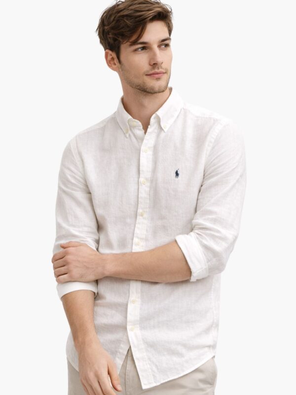 חולצת פשתן מכופתרת לבנה לגבר Polo Ralph Lauren עם לוגו פוני כחול בחזית