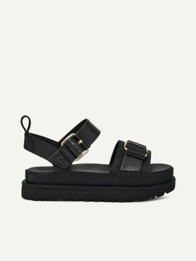 סנדלי UGG לנשים דגם Goldenstar Villa בצבע שחור עם רצועות נובוק איכותיות, אבזמים מוזהבים וסוליה נוחה.