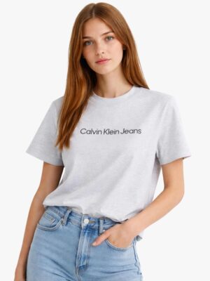 חולצת טי קלווין קליין אפורה נשים לוגו Calvin Klein Jeans שחור.