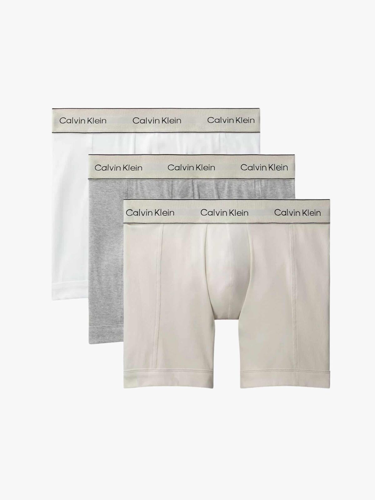 מארז 3 תחתוני קלווין קליין לגברים Boxer Briefs בצבעי לבן, אפור ושמנת.