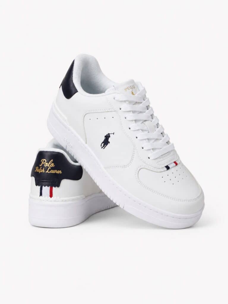 נעלי סניקרס מעור לבן מבית פולו ראלף לורן (Polo Ralph Lauren) עם לשונית עקב שחורה וסרט עיטור צבעוני