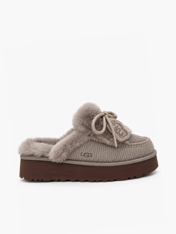 כפכפי UGG אפורים לנשים עם פרוות כבש ולוגו בצד במבט אחורי