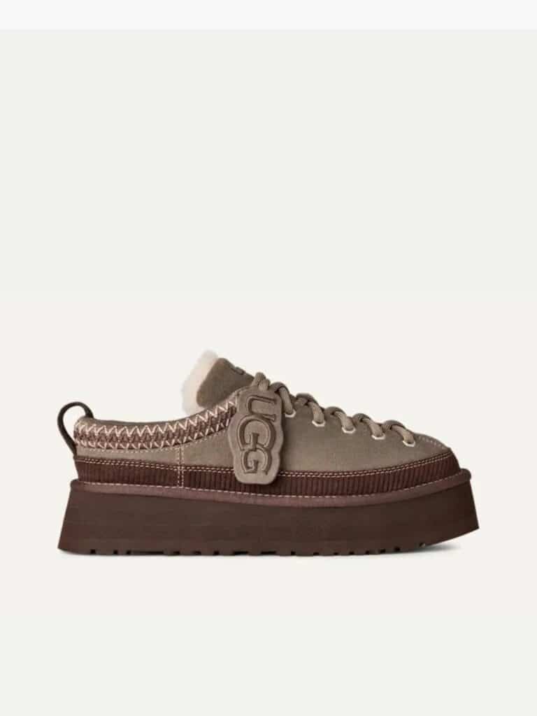 נעלי האג Heritage Lace-Up Slipper בגוון זית מעושן עם גפת זמש וסוליית פלטפורמה חומה